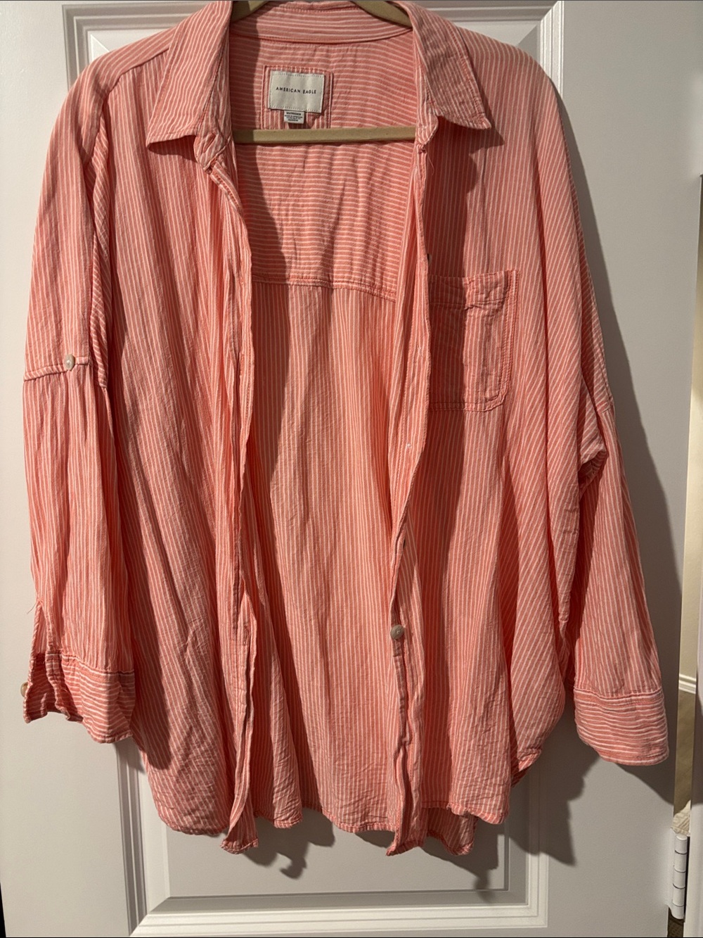 American Eagle Outfitters Coral Pink Striped Button-Down Shirt